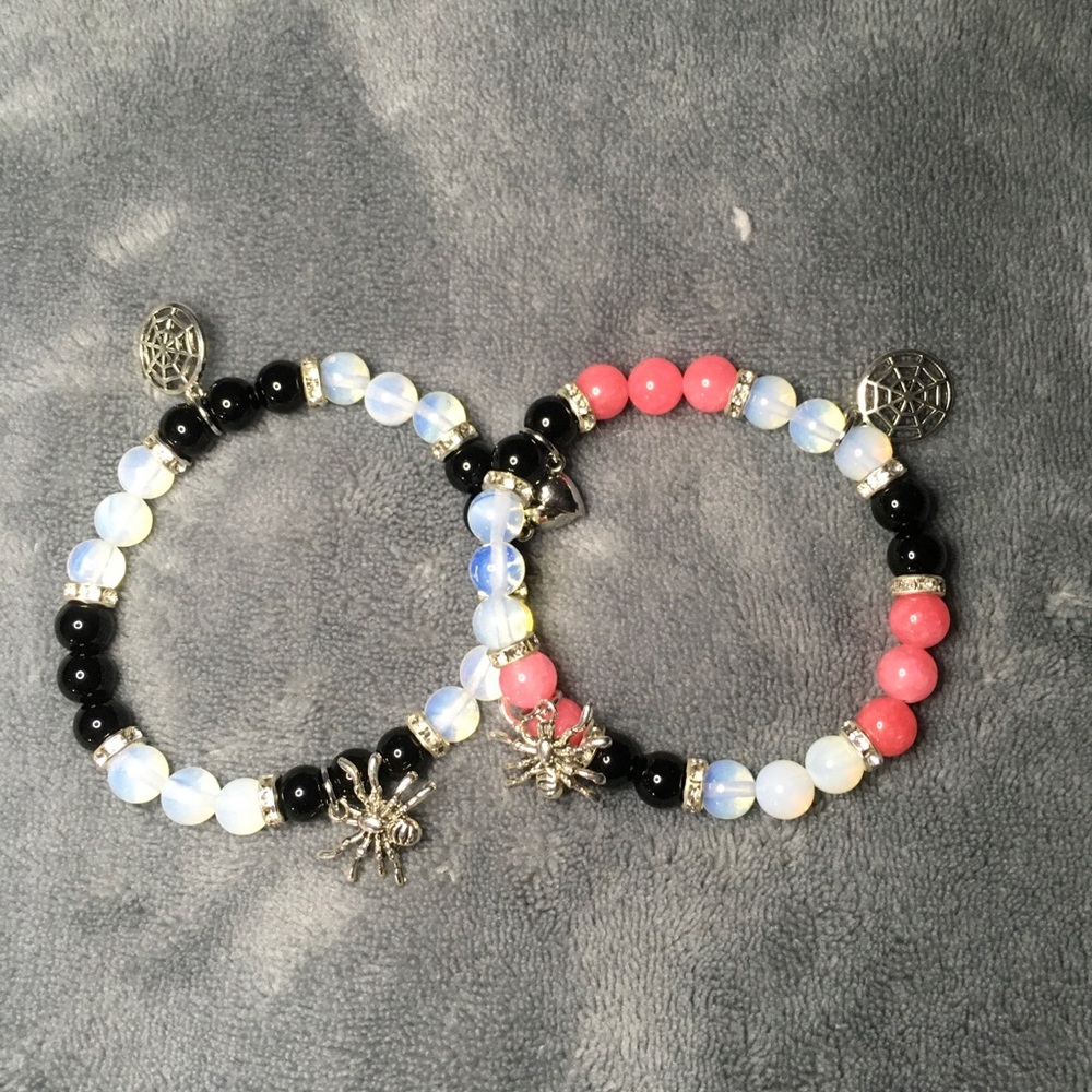 Halloween Beaded Bracelet Black/Clear/Pink w/Rhinestone Spacer 6 3/4” w/Stretch - Picture 1 of 3